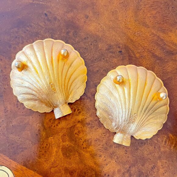 PAIR 3in Vintage Solid Brass Gold Clam Sea Shell Scallop Footed Trinket Dish - Picture 2 of 7